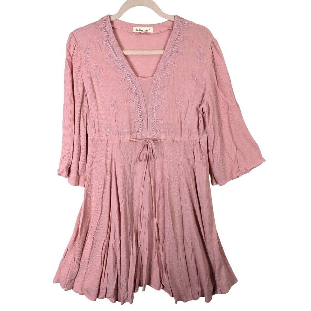 Indigo Soul Women size S Dress Pink Flowy Bell 3/4 Sleeve Cottagecore Crinkle